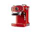 Rood koffiezetapparaat met manometer en draaiknoppen, schuin weergegeven.