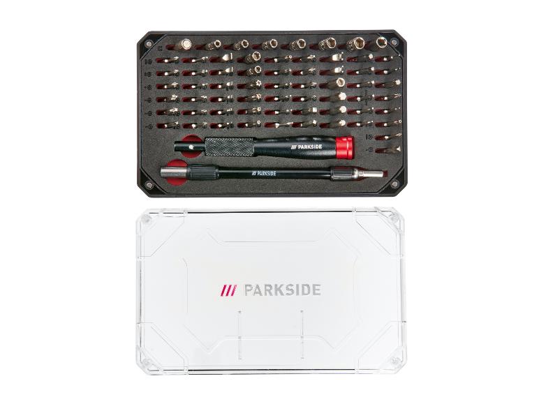 PARKSIDE 60-delige schroevendraaierset met twee handvatten in een zwarte opbergkoffer.