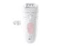 Elektrische epilator met een roze bedieningspaneel en een reinigingsborsteltje.