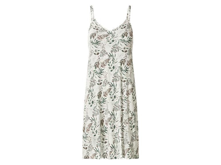 Lange spaghettibandjesjurk met bloemenprint van groene en bruine bladeren.