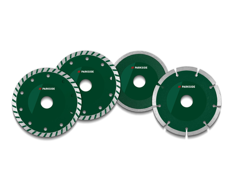 Drie groene Parkside diamantschijven voor het zagen van tegels.
