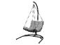 Zwarte hangstoel in eivorm met grijze kussens op een witte achtergrond.