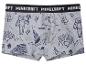 Grijze boxershorts met Minecraft-thema, met personages, gereedschap en de tekst 'MINECRAFT' op de tailleband.