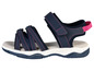 Blauwe sandalen met roze details.