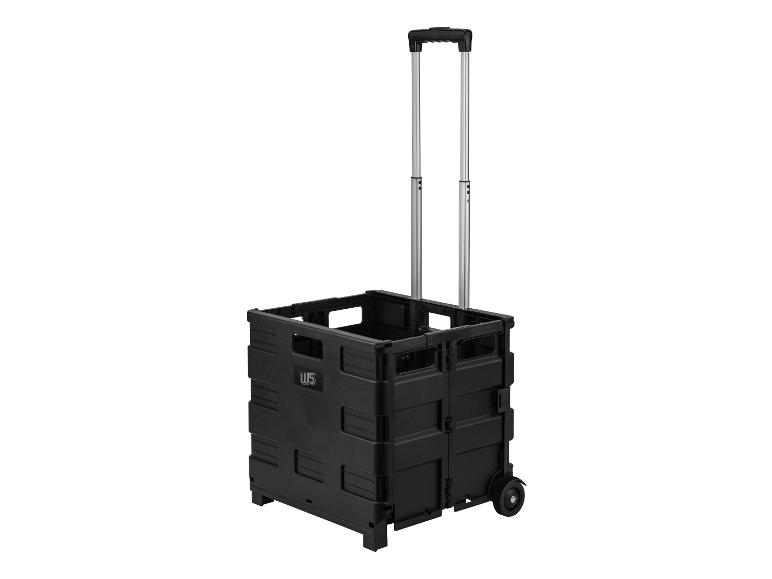 Zwarte opvouwbare boodschappenkar met uitschuifbaar handvat en wielen.