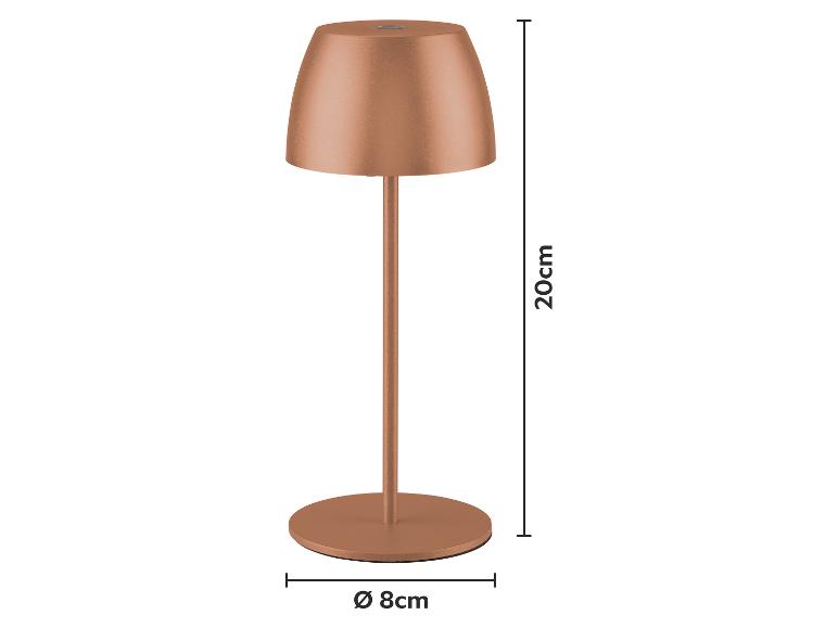 Koperkleurige tafellamp, 20 cm hoog met een basis van 8 cm diameter.