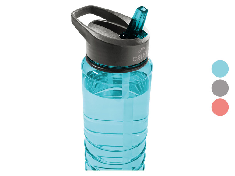 Een blauwe waterfles met een rietje van Crivit.
