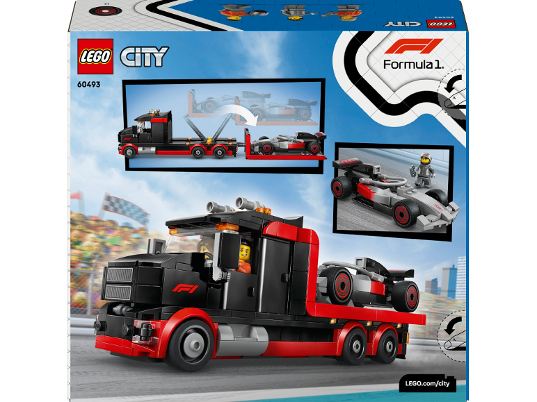 LEGO City racewagentransporter met Formule 1-racewagen en coureurfiguren.