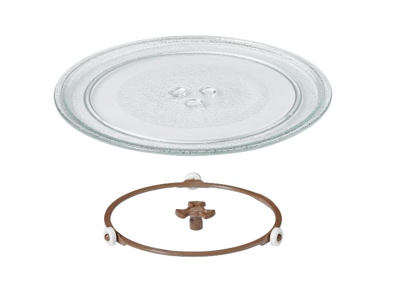Glazen draaiplateau voor magnetron met bruine ring met wieltjes en koppeling.