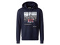 Een donkerblauwe hoodie met een print van de New York skyline.