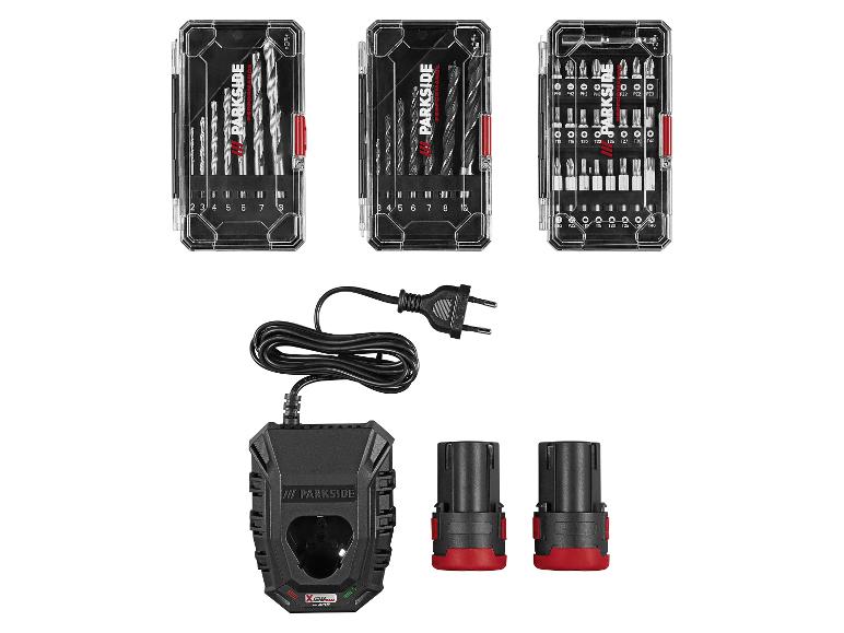 Parkside boor- en schroefbitsets, oplader en twee accu's.