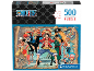 One Piece-puzzel van 500 stukjes met anime-personages op een kaartachtergrond.