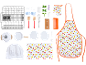 Speelgoedkeukenset met servies, schort, koksmuts en accessoires.