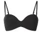 Zwarte strapless beha met voorgevormde cups en dunne bandjes.