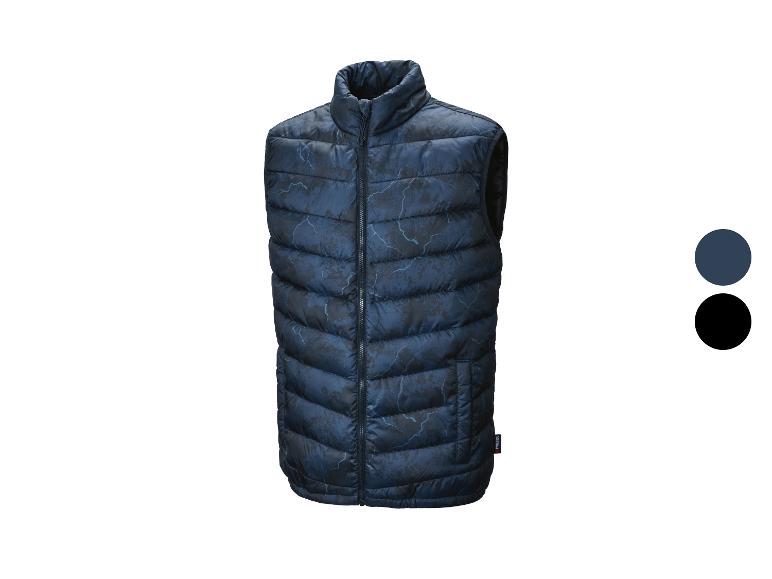 Donkerblauwe gewatteerde bodywarmer met bliksemprint en kleuropties.