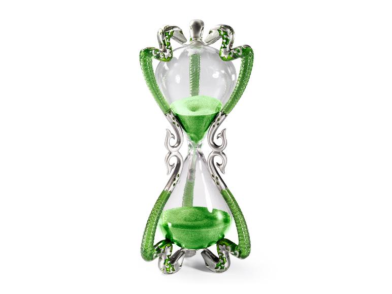 Decoratieve groen-zilveren zandloper van Professor Slakhoorn van The Noble Collection.