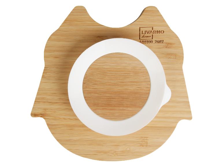 Bamboe dienblad en witte schaal Livarno Home.