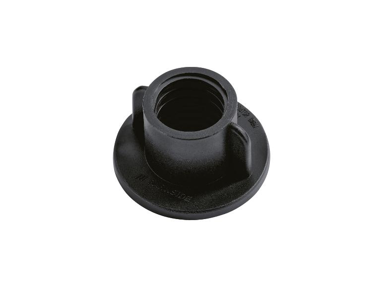 Een zwarte plastic schroefverbinding met een ronde basis en twee zijvleugels.