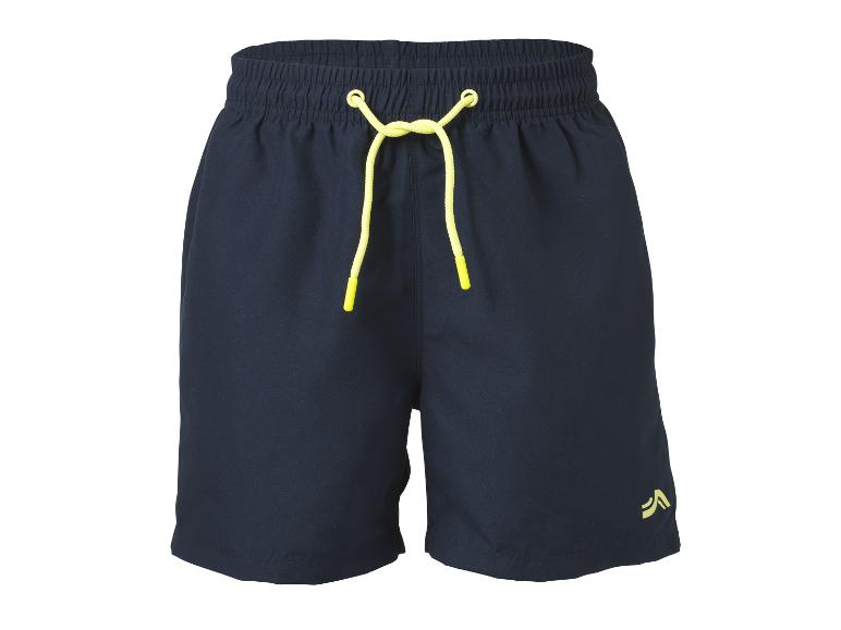 Donkerblauwe zwemshort voor heren met een geel trekkoord en een klein geel logo.