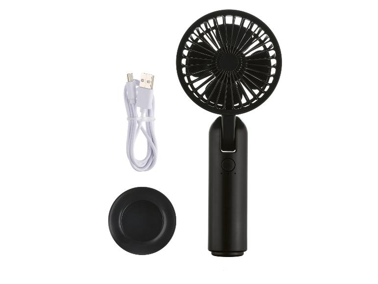 Zwarte handventilator, USB-kabel en voet.