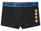 Zwarte boxershorts met een blauwe tailleband met de tekst 'SUPER MARIO' en game-iconen.