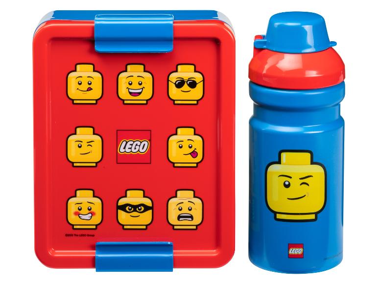 LEGO lunchbox en drinkfles met LEGO minifigure gezichten.
