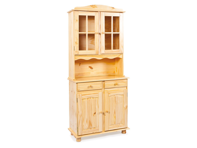 Een houten dressoir met glazen deuren en laden.