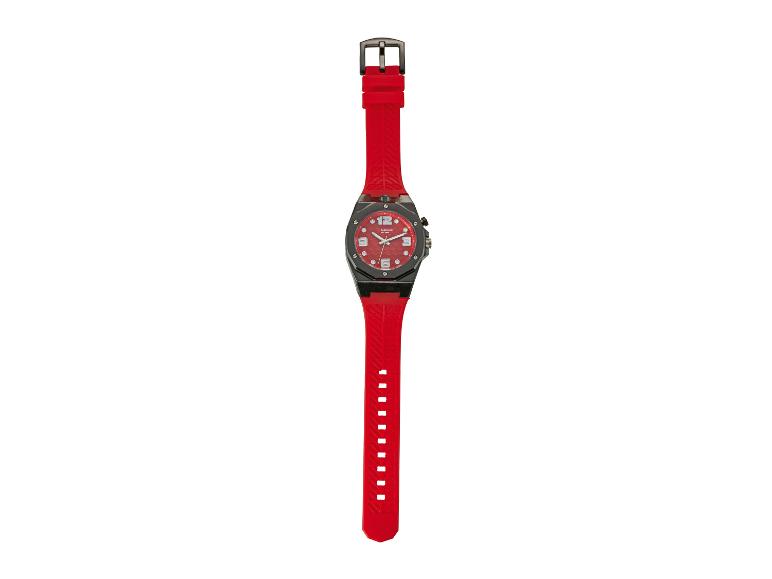 Rood horloge met een zwarte kast en een rode siliconen band.