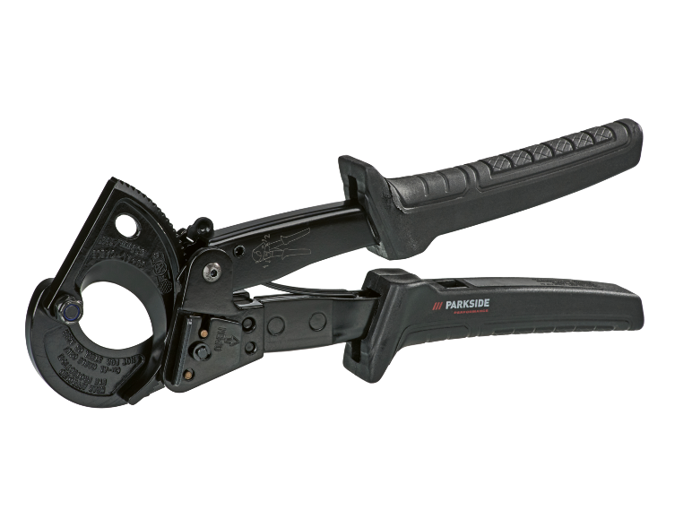 Zwarte ratelkabelknipper met ergonomische handgrepen.