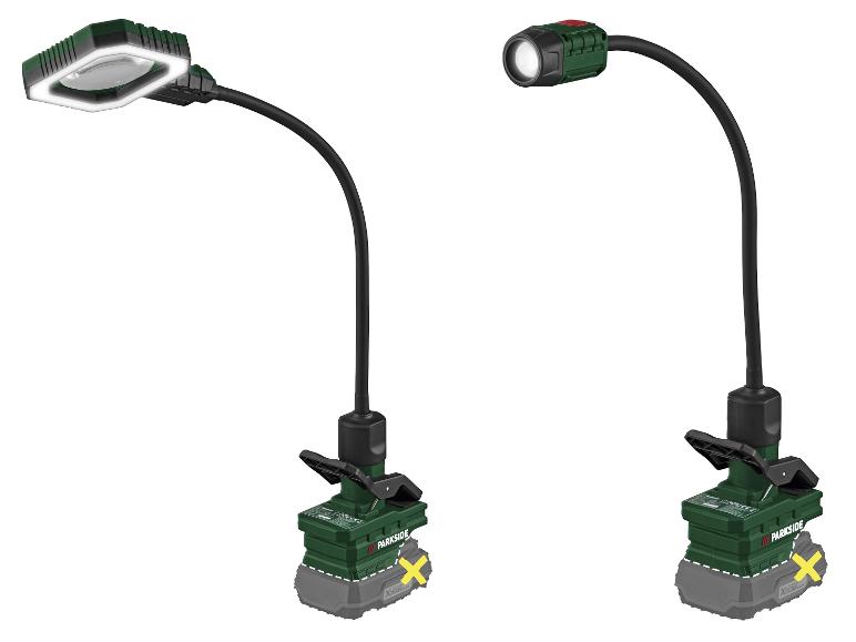 Twee flexibele werklampen met klemvoeten, één met een rechthoekig LED-paneel en de andere met een spot.