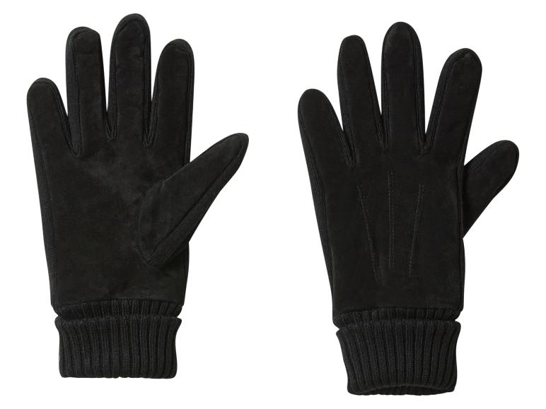 Een paar zwarte suède handschoenen met gebreide manchetten.