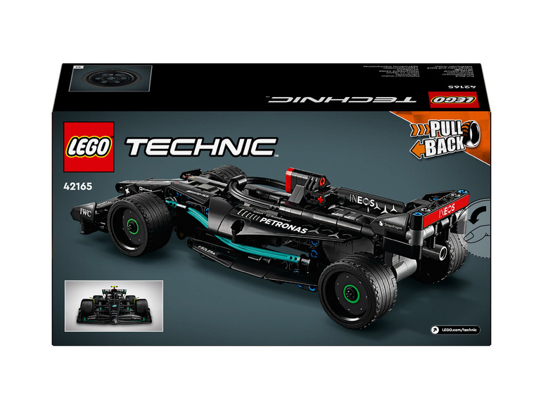 Lego Technic-set met een zwarte Formule 1 auto met pull-back functie.