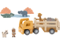 Houten safarispeelgoed met vrachtwagen, giraffe, olifant, zebra, krokodil, nijlpaard en ontdekkingsreiziger.