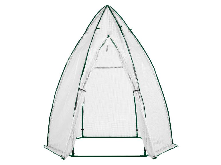 Draagbare kas met een transparante hoes en groen frame.