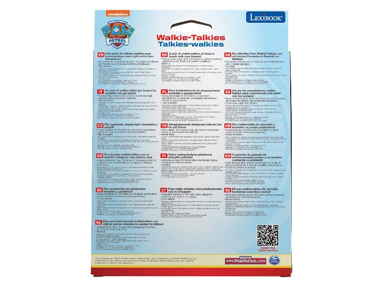 Walkietalkies met Paw Patrol-thema, met productdetails en waarschuwingen in meerdere talen.