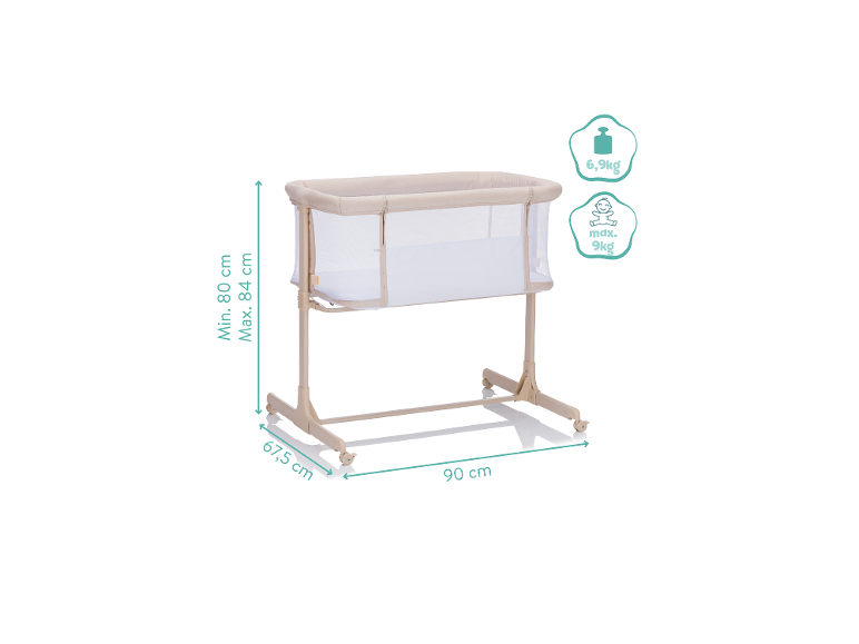 Beige babywieg met afmetingen (90x67,5 cm, hoogte 80-84 cm) en gewichtsinformatie (6,9 kg, max. 9 kg).