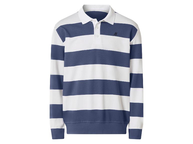 Wit en blauw gestreept poloshirt met lange mouwen, witte kraag en knopen