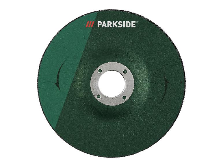 Groene slijp- of doorslijpschijf met metalen midden en rotatiepijlen.