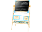 Kindertekenbord met schoolbord, telraam, klok en magneetletters.