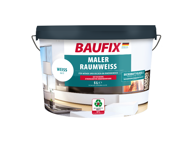 Baufix muur- en plafondverf, mat wit, 5L.