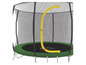 Een trampoline met veiligheidsnet en gele veiligheidsbeugel.