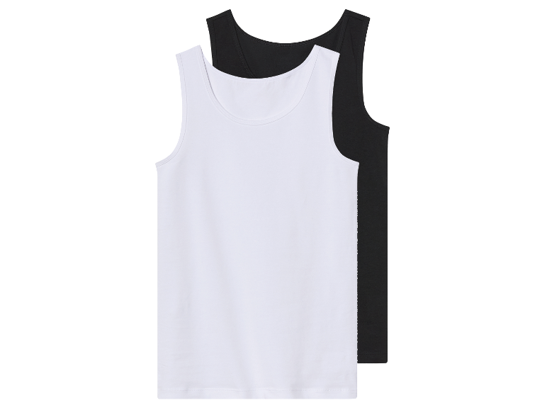 Twee tanktops, een witte en een zwarte, op elkaar gestapeld.