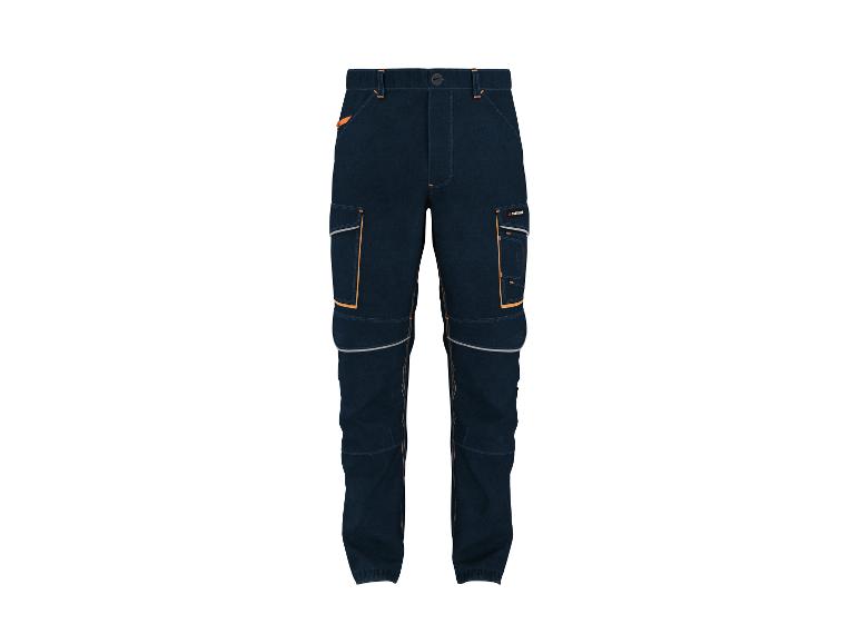 Donkerblauwe Parkside werkbroek met oranje details en reflectoren.