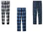 Drie geruite pyjamabroeken voor heren in verschillende blauw- en grijstinten.