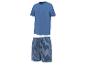 Herenpyjama met een effen blauw T-shirt en blauw gestreepte shorts.