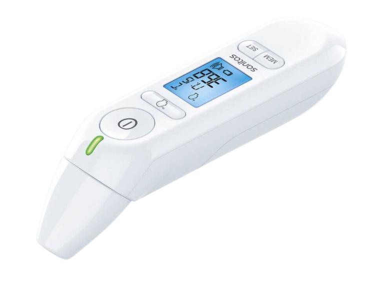 Witte digitale voorhoofd- en oorthermometer met LCD-scherm dat 36.6°C weergeeft.