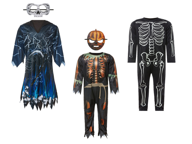 Drie Halloween-kostuums: een skelet, een grim reaper en een pompoen.