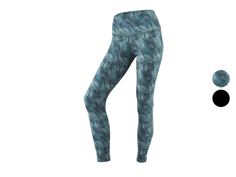 Dames sportlegging met turquoise en goud marmerpatroon, met het woord 'SPORT' op de kuit.