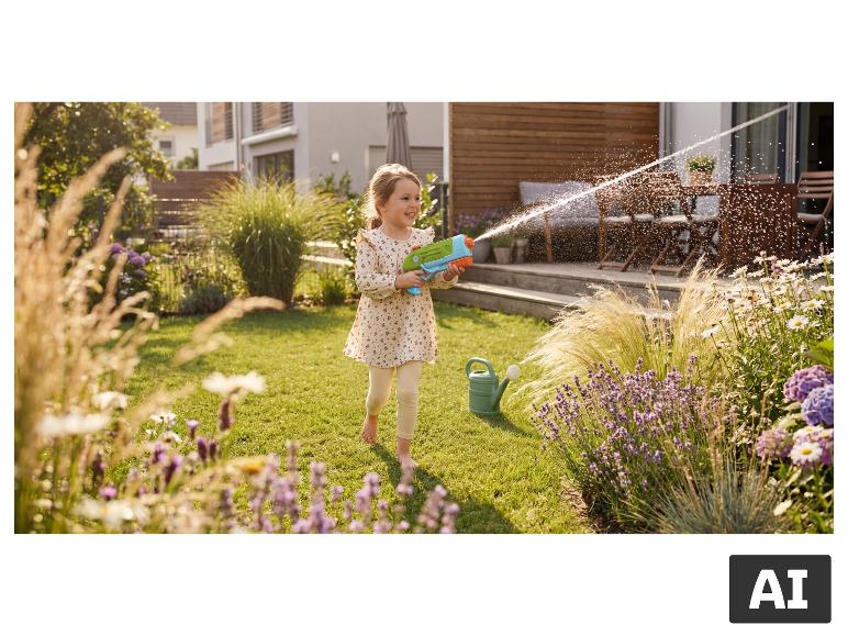 LUPILU® waterpistool: Lachend meisje speelt in de tuin met een waterpistool [AI-gegenereerde afbeelding]