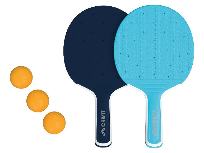 Crivit pingpong batjes, blauw en donkerblauw, met ballen.